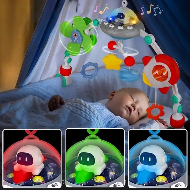 Pakabinamas žaislų lankas vežimėliui UFO su šviesos efektais 7