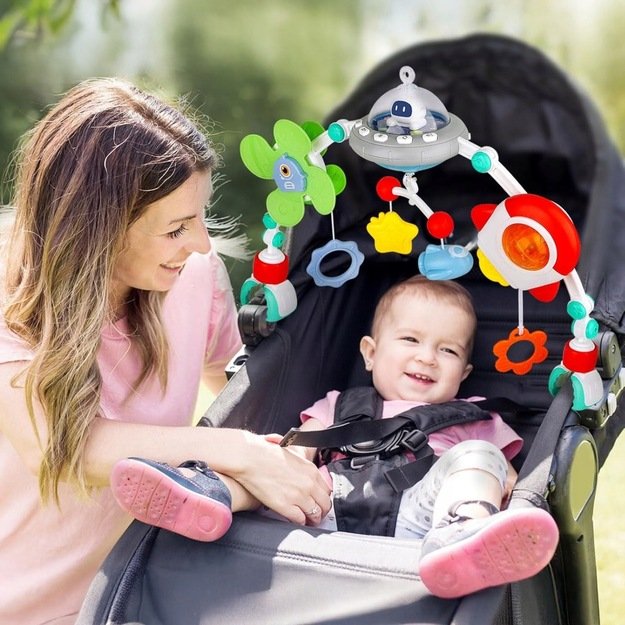 Pakabinamas žaislų lankas vežimėliui UFO su šviesos efektais 9