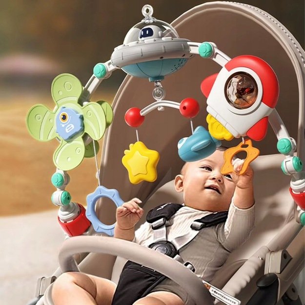 Pakabinamas žaislų lankas vežimėliui UFO su šviesos efektais 12