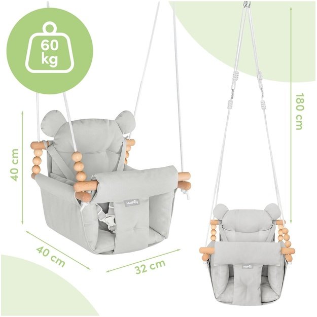 Vaikiškos medvilninės sūpynės su pagalvėlėmis ir dirželias, 12-36 mėn., 60 kg, MALO, pilkos spalvos