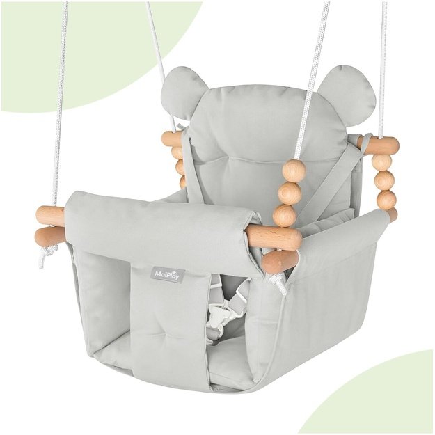 Vaikiškos medvilninės sūpynės su pagalvėlėmis ir dirželias, 12-36 mėn., 60 kg, MALO, pilkos spalvos