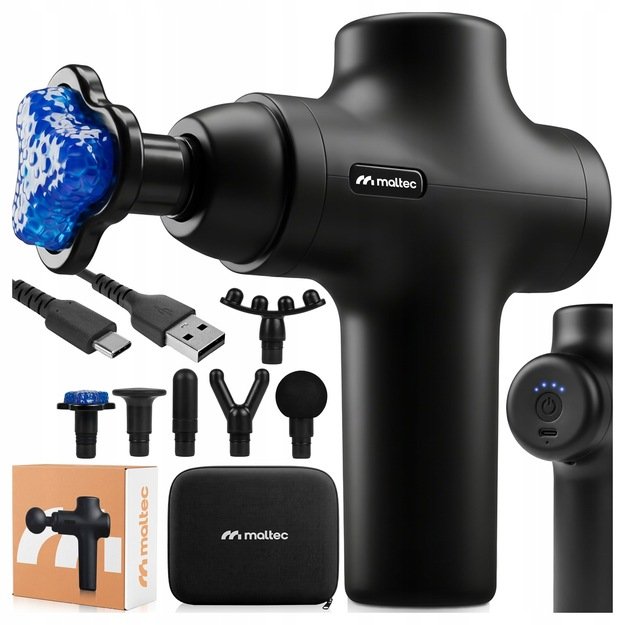 Masažo pistoletas nugarai, kūnui, pėdoms, masažinio pistoleto dėklas, 6 antgaliai, MalTec