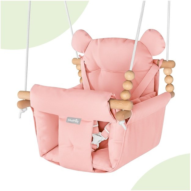 Vaikiškos medvilninės sūpynės su pagalvėlėmis ir dirželias, 12-36 mėn., 60 kg, MALO, rožinės spalvos