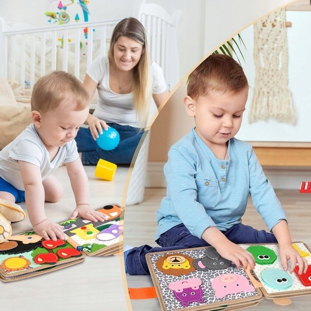 Sensorinė lavinamoji veltinio knygelė „Žirafa“ su Montessori tipo elementais