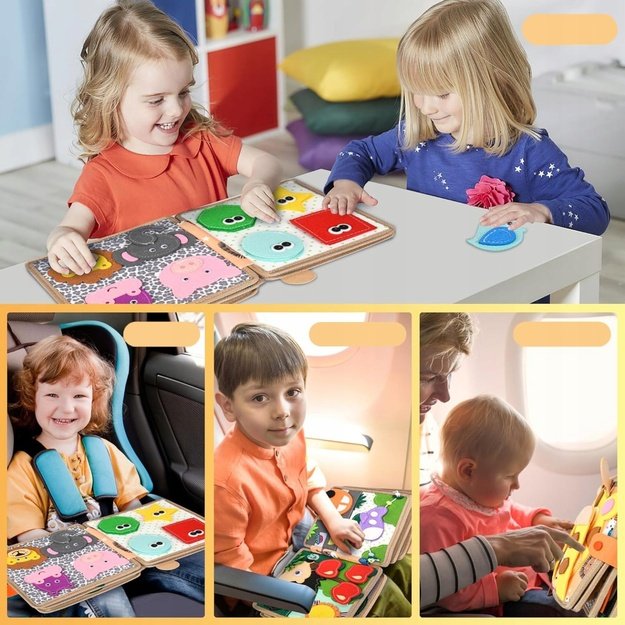 Sensorinė lavinamoji veltinio knygelė „Žirafa“ su Montessori tipo elementais