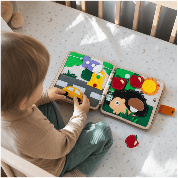 Sensorinė lavinamoji veltinio knygelė „Žirafa“ su Montessori tipo elementais