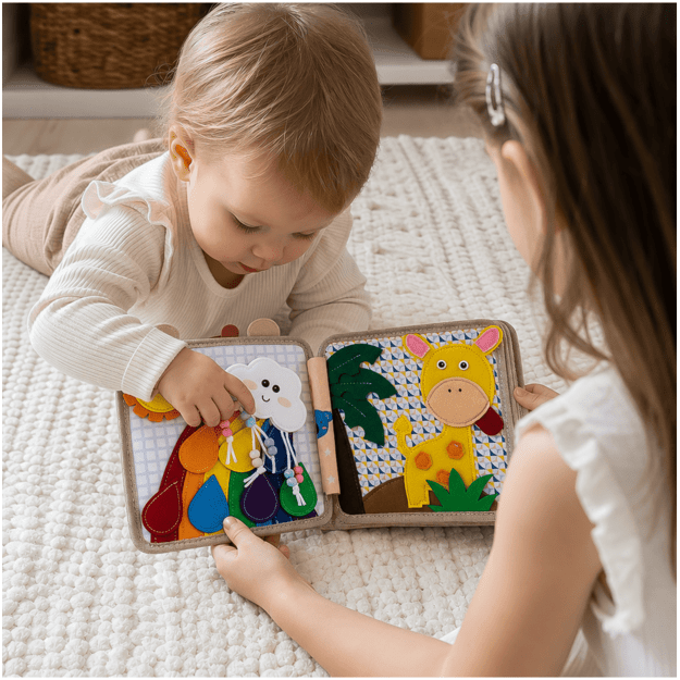 Sensorinė lavinamoji veltinio knygelė „Žirafa“ su Montessori tipo elementais