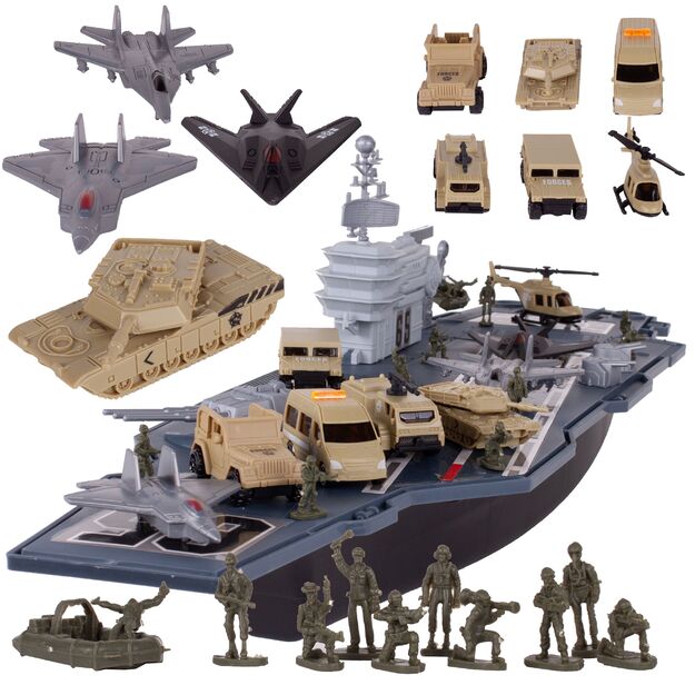 Žaislinis didelis karinis laivas su lėktuvais ir automobiliais 