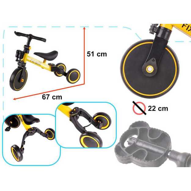 Trike Fix Mini krosinis triratukas 3in1 su pedalais, geltonas