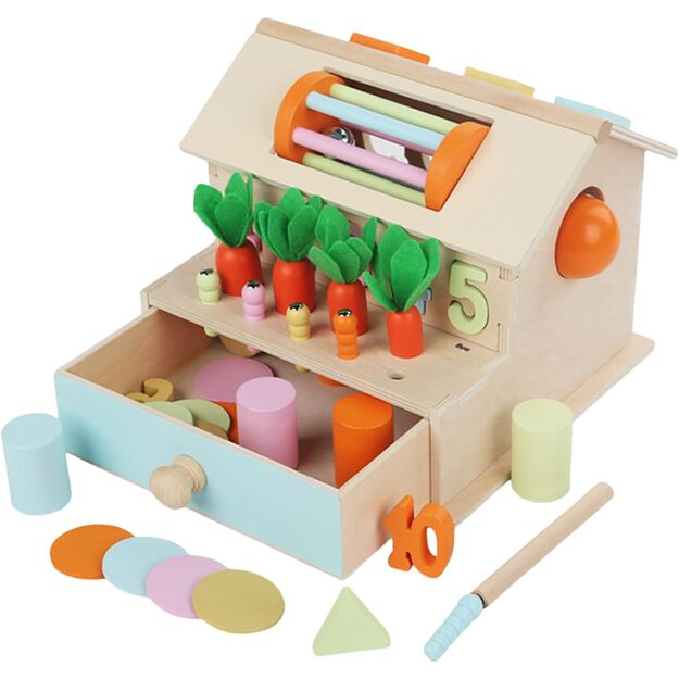 Lavinamoji medinė dėlionė, veiklos centras su stalčiumi Daugiafunkcis namelis