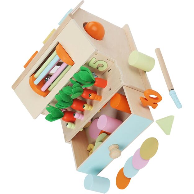 Lavinamoji medinė dėlionė, veiklos centras su stalčiumi Daugiafunkcis namelis 4