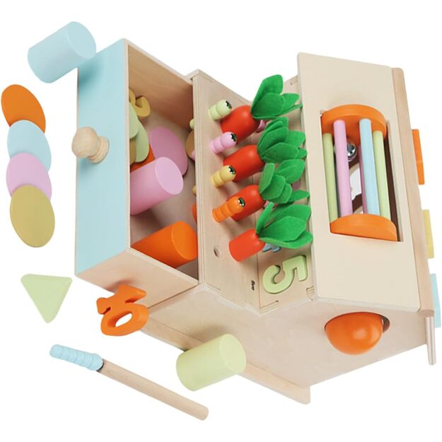 Lavinamoji medinė dėlionė, veiklos centras su stalčiumi Daugiafunkcis namelis 5