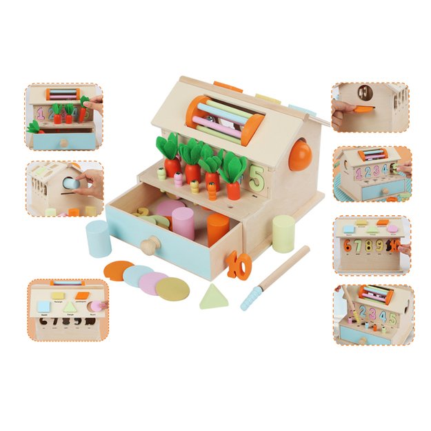 Lavinamoji medinė dėlionė, veiklos centras su stalčiumi Daugiafunkcis namelis 8