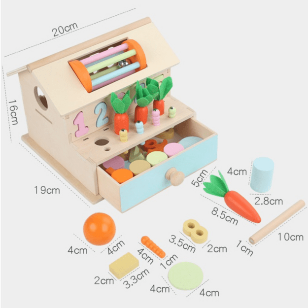 Lavinamoji medinė dėlionė, veiklos centras su stalčiumi Daugiafunkcis namelis 13