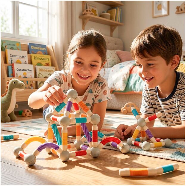 Magnetinis vamzdelių konstruktorius, 42 dalys, lanksti 3D konstrukcija 8