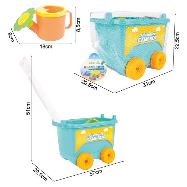 Smėlio žaidimų vežimėlis - karutis su spalvingais priedais ir laistytuvu 1