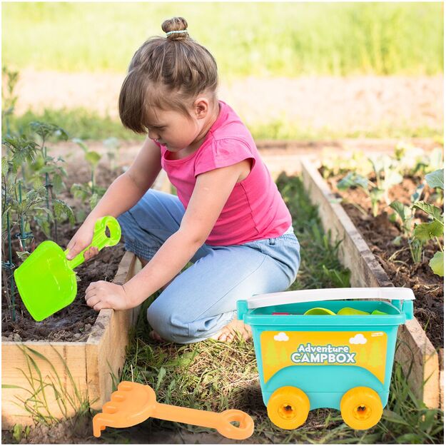 Smėlio žaidimų vežimėlis - karutis su spalvingais priedais ir laistytuvu 2