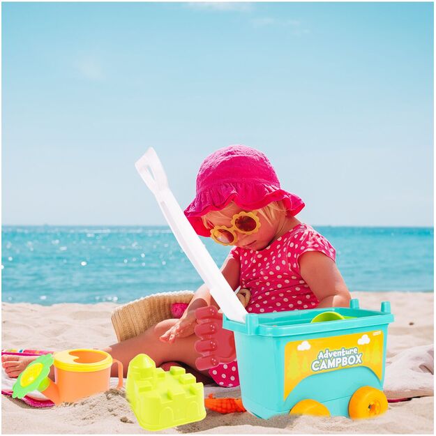 Smėlio žaidimų vežimėlis - karutis su spalvingais priedais ir laistytuvu 4