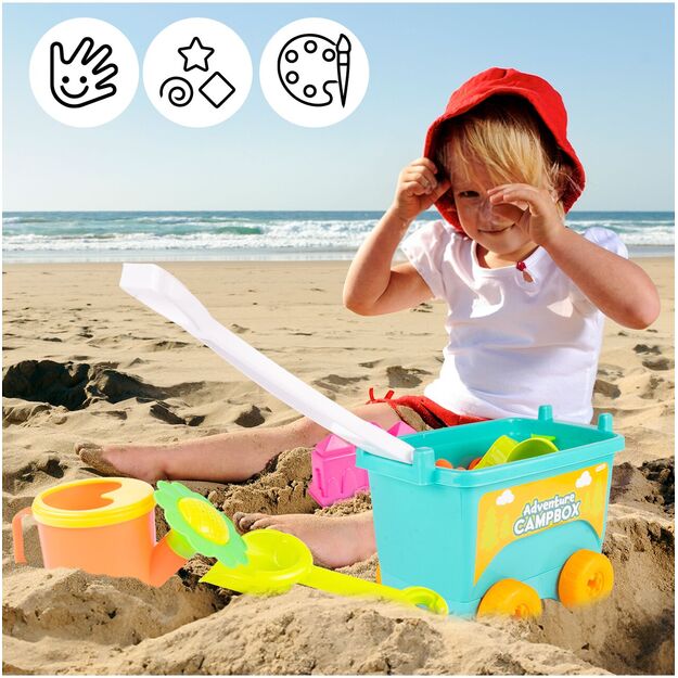 Smėlio žaidimų vežimėlis - karutis su spalvingais priedais ir laistytuvu 3