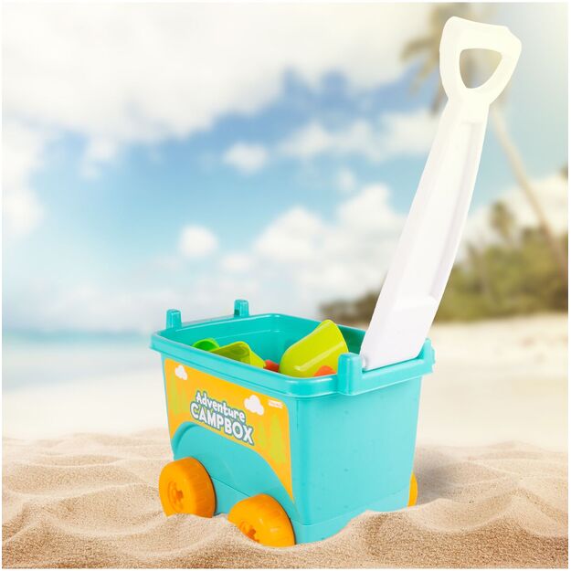 Smėlio žaidimų vežimėlis - karutis su spalvingais priedais ir laistytuvu 6