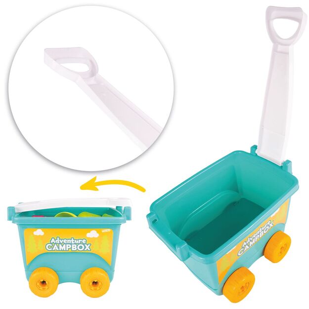 Smėlio žaidimų vežimėlis - karutis su spalvingais priedais ir laistytuvu 11