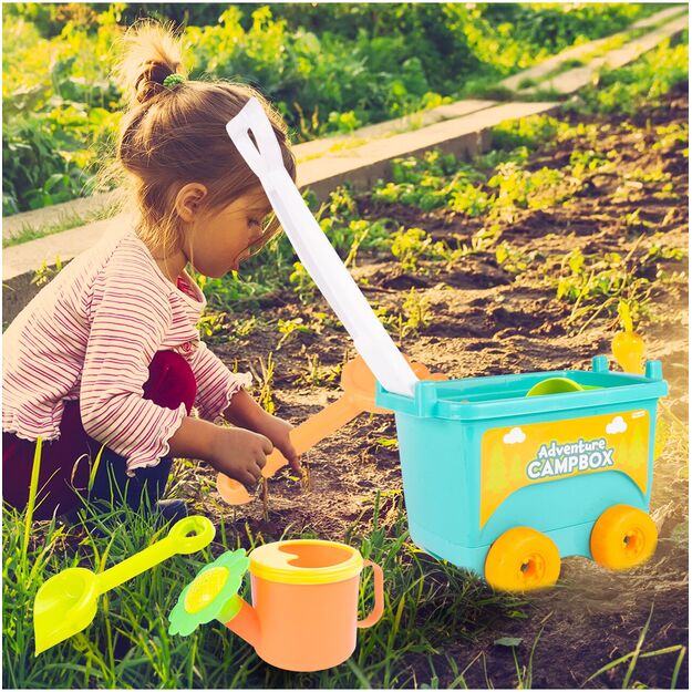 Smėlio žaidimų vežimėlis - karutis su spalvingais priedais ir laistytuvu 10
