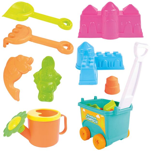 Smėlio žaidimų vežimėlis - karutis su spalvingais priedais ir laistytuvu 12
