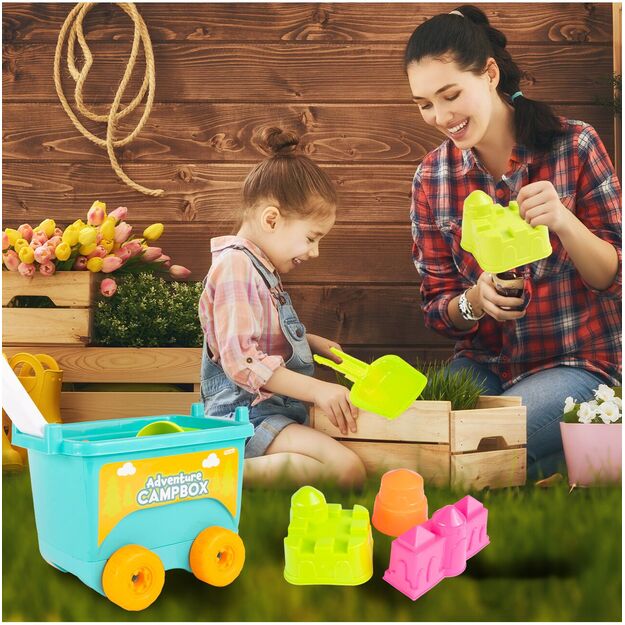 Smėlio žaidimų vežimėlis - karutis su spalvingais priedais ir laistytuvu 13