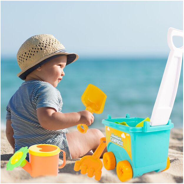 Smėlio žaidimų vežimėlis - karutis su spalvingais priedais ir laistytuvu 14