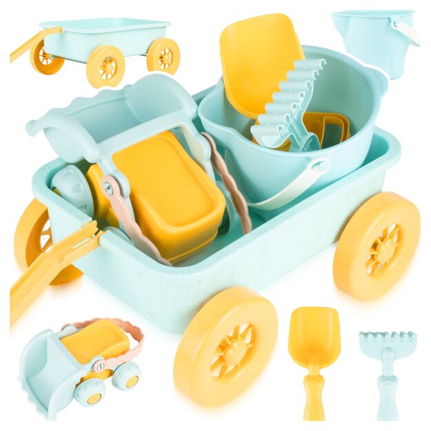 Vaikiškas karutis su smėlio žaislais ir savivarčiu