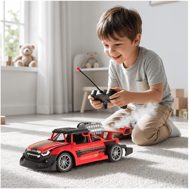Nuotoliniu būdu valdomas automobilis su garų dūmais ir žibintais