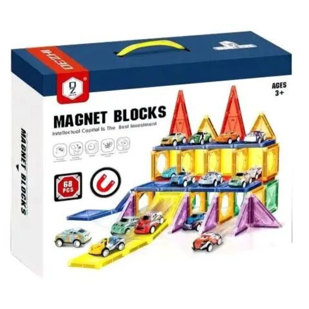 Magnetinis konstruktorius su mašinėlėmis „Magnetic Blocks”, 68 detalių
