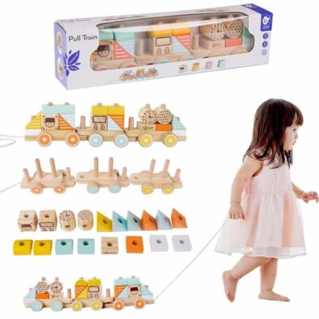 Lavinamasis žaislas kūdikiams medinis traukiamas traukinys su 3 vagonais