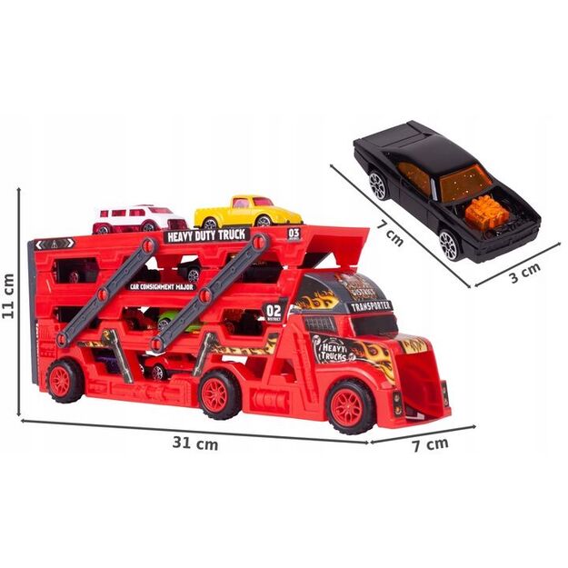 Žaislinis sunkvežimis vilkikas su paleidimo įranga ir 8 automobiliais