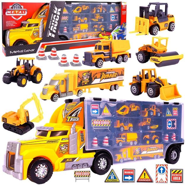 Žaislinis sunkvežimis vilkikas su statybinėmis transporto priemonėmis
