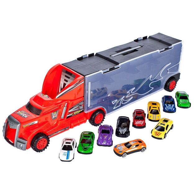 Žaislinis sunkvežimis su 10 metalinių automobilių