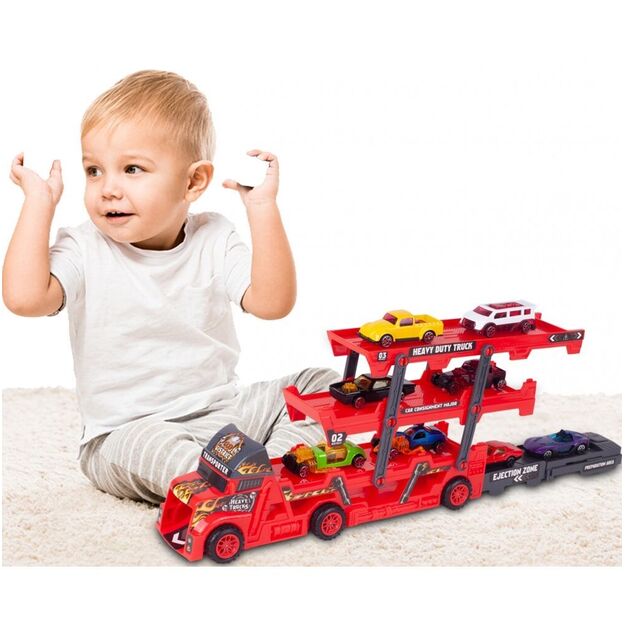 Žaislinis sunkvežimis vilkikas su paleidimo įranga ir 8 automobiliais