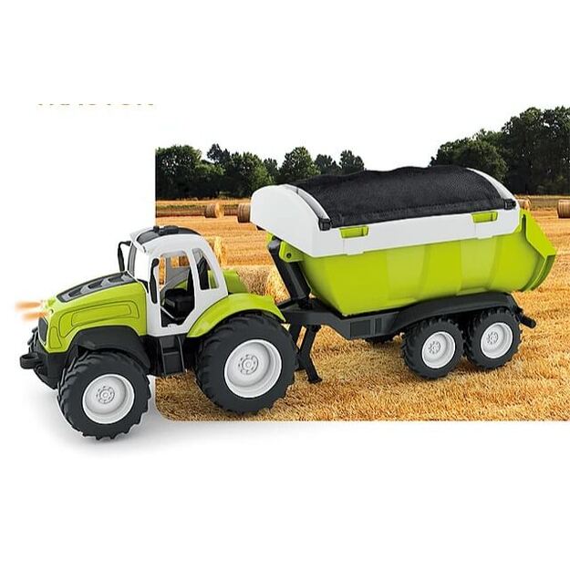 Žaislinis traktorius su priekaba, šviesa, garsu, 44 cm