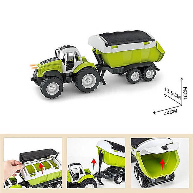 Žaislinis traktorius su priekaba, šviesa, garsu, 44 cm