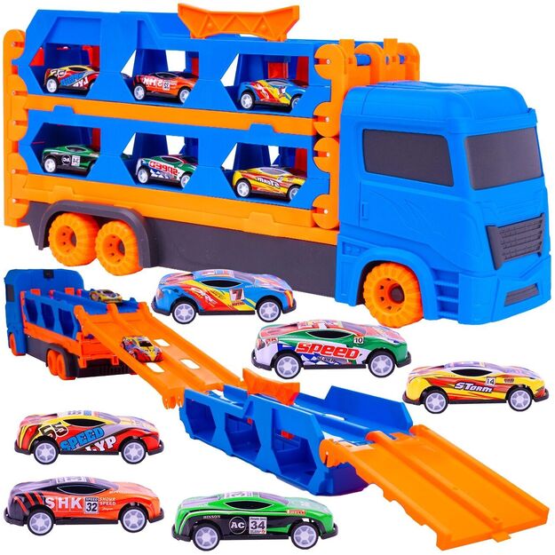 Žaislinis automobilis trasa su paleidimo įranga ir mažais 6 automobiliais