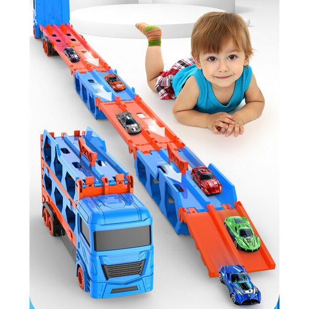 Žaislinis automobilis trasa su paleidimo įranga ir mažais 6 automobiliais