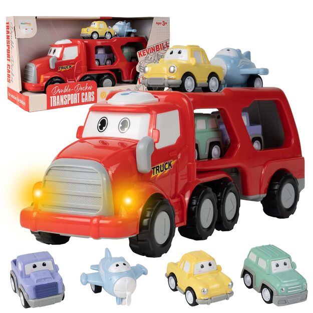 Žaislinis sunkvežimis vilkikas su automobiliais ir lėktuvu