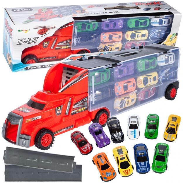 Žaislinis sunkvežimis su 10 metalinių automobilių