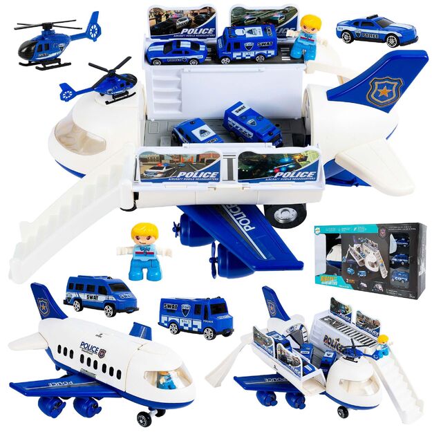 Žaislinis sulankstomas policijos lėktuvas su 4 automobiliais ir sraigtasparniu