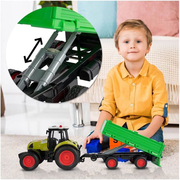 Žaislinis traktorius su nuimama priekaba, šviesa ir garsu
