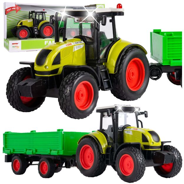 Žaislinis traktorius su nuimama priekaba, šviesa ir garsu
