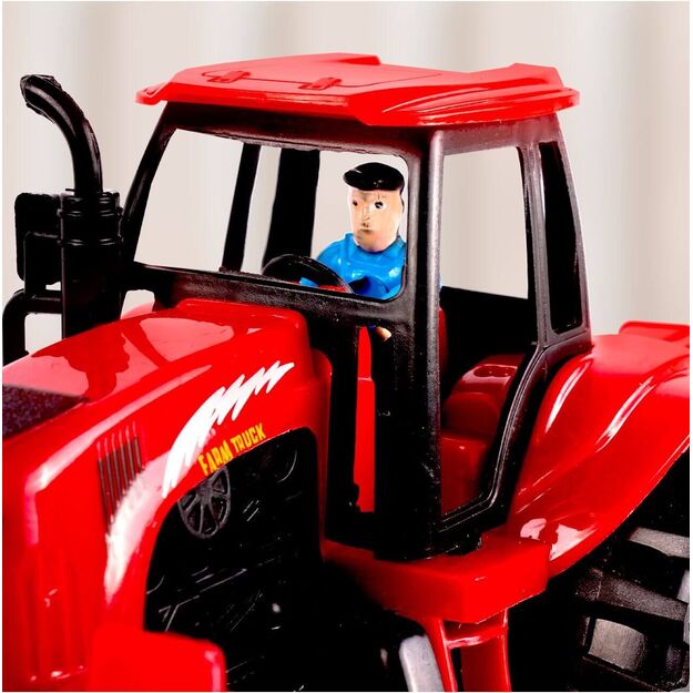 Žaislinis traktorius su nuimama priekaba ir ūkininko figūrėlė traktoriuje