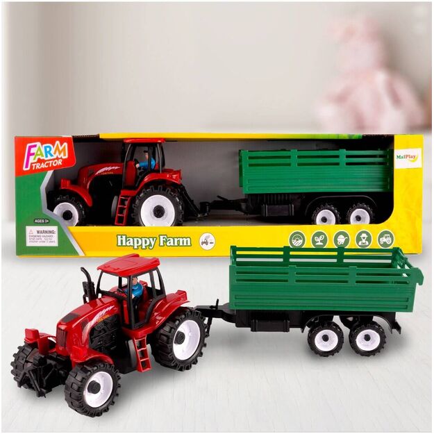 Žaislinis traktorius su nuimama priekaba ir ūkininko figūrėlė traktoriuje