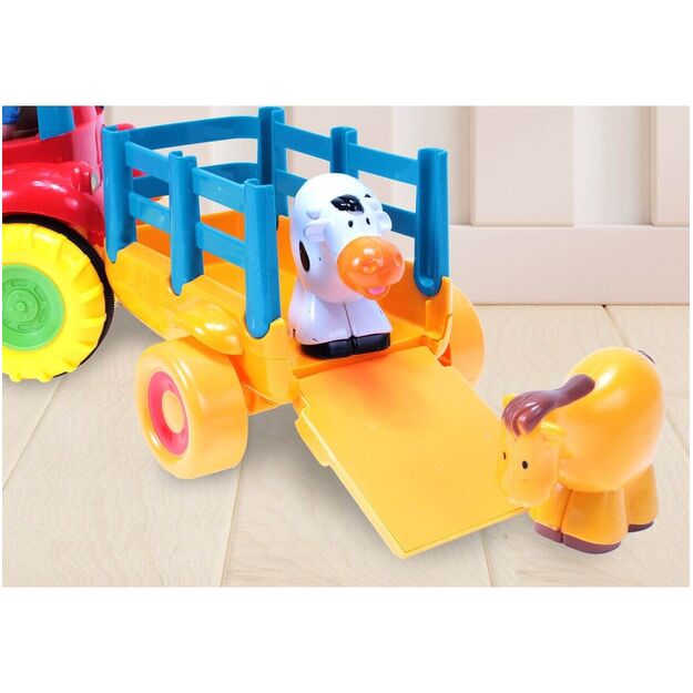 Žaislinis traktorius su priekaba ir gyvūnais