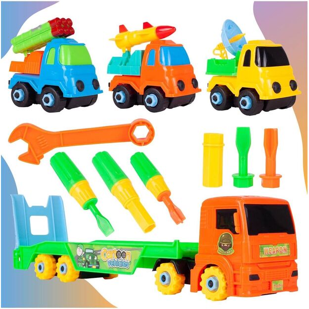 Žaislinis sunkvežimis vilkikas - konstruktorius su 3 automobiliais